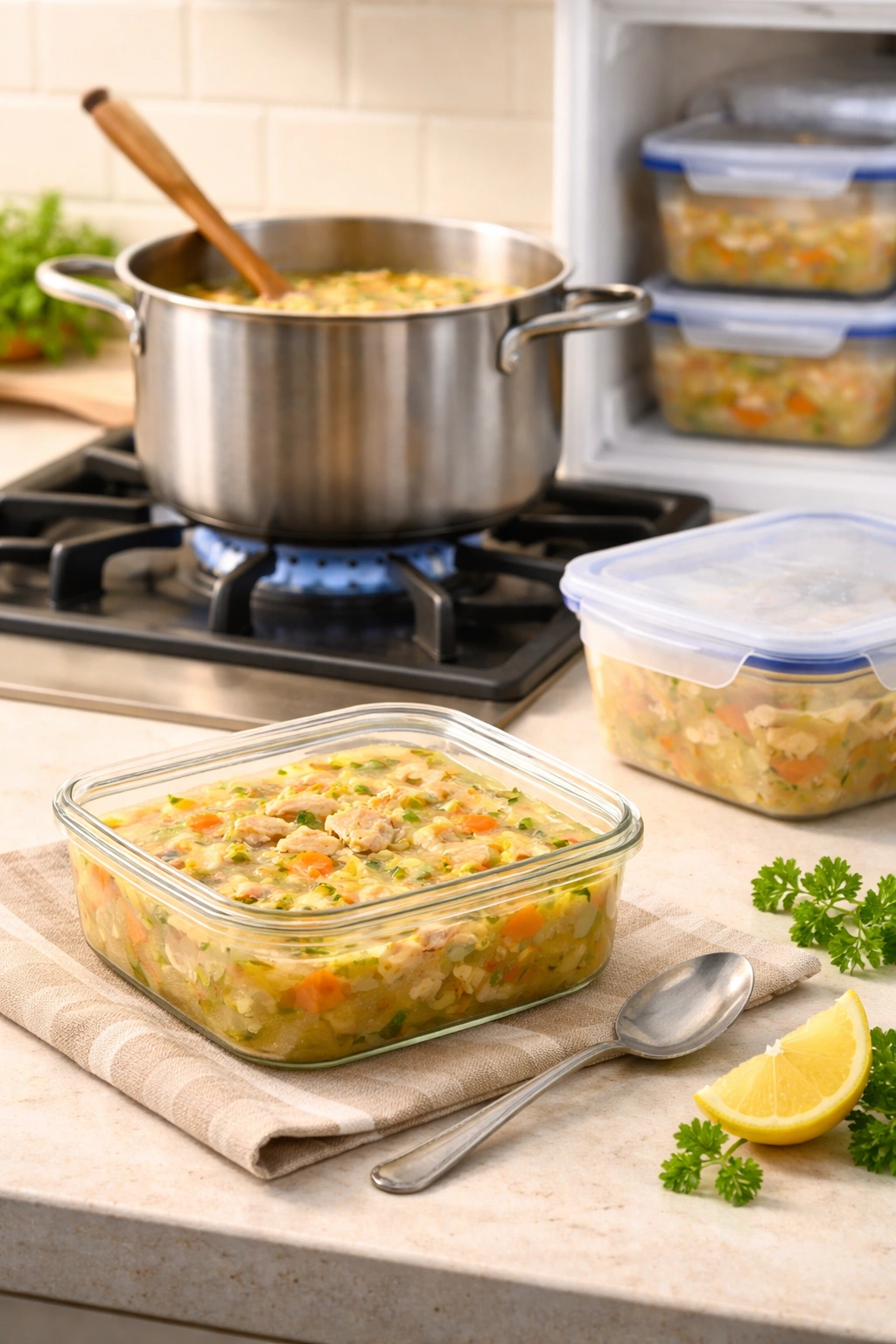 Glass storage container with soup, pot on stove reheating, and freezer-safe container ready for storage