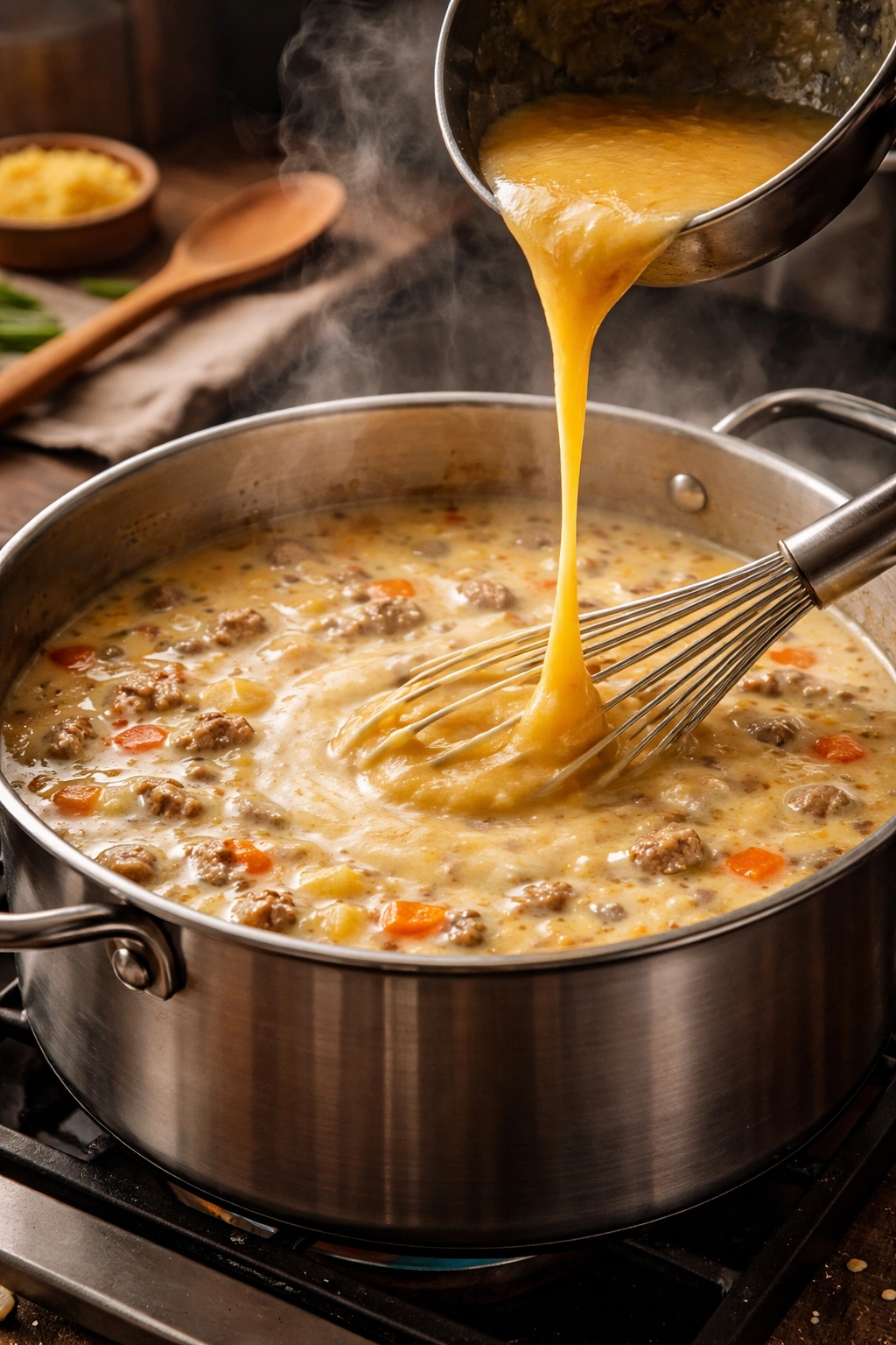 Pot of thick, creamy soup being stirred to thicken on the stove