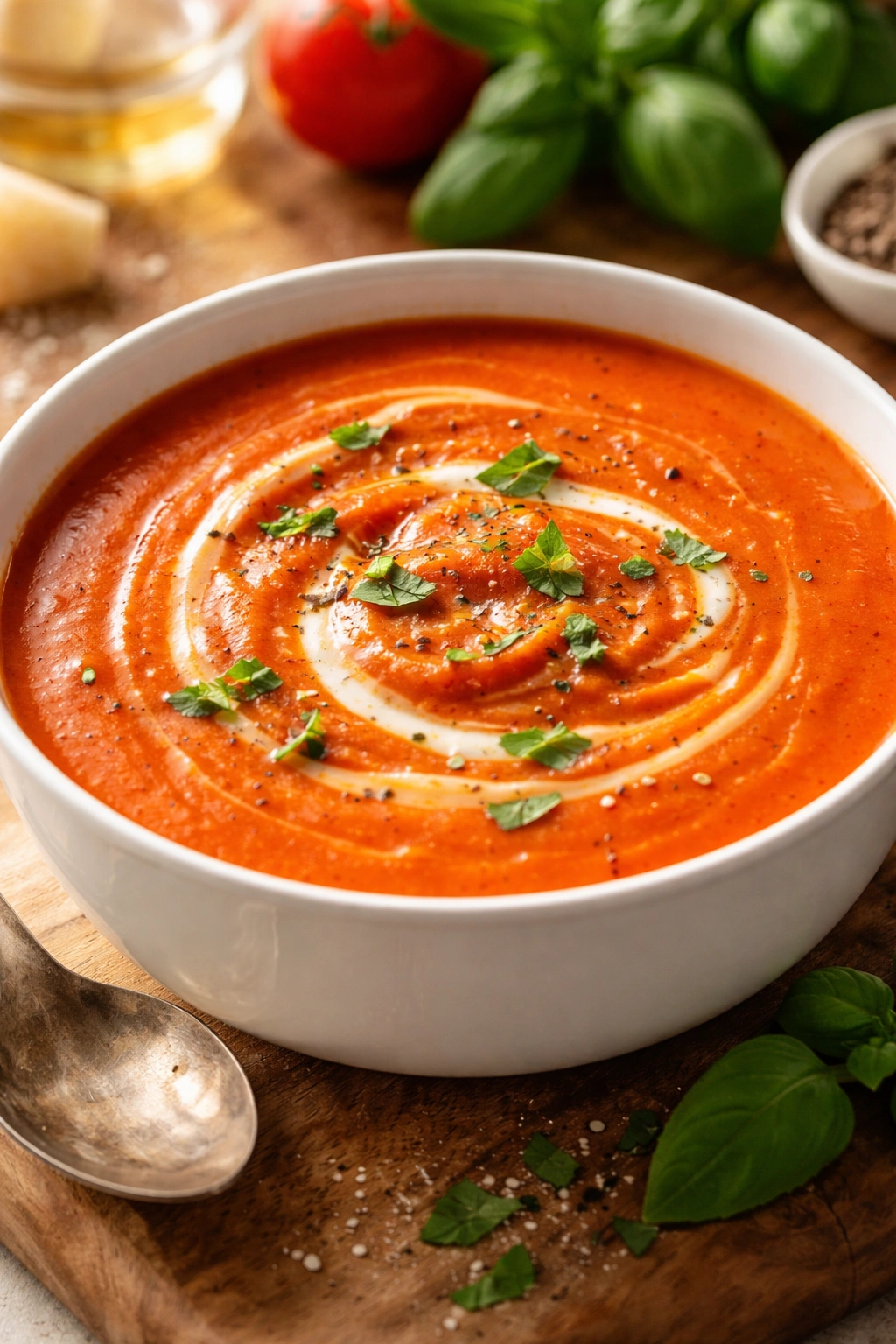 Close-up of creamy tomato soup texture showing velvet consistency