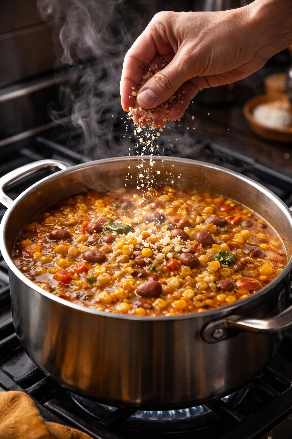 Hand sprinkling seasoning over simmering corn and bean soup