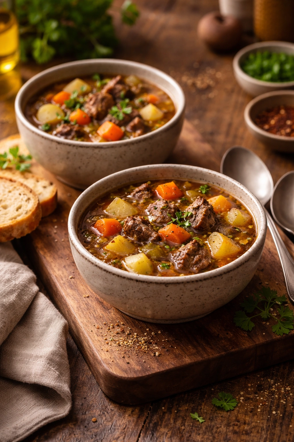 Small rustic bowl of soup with a second bowl in the background