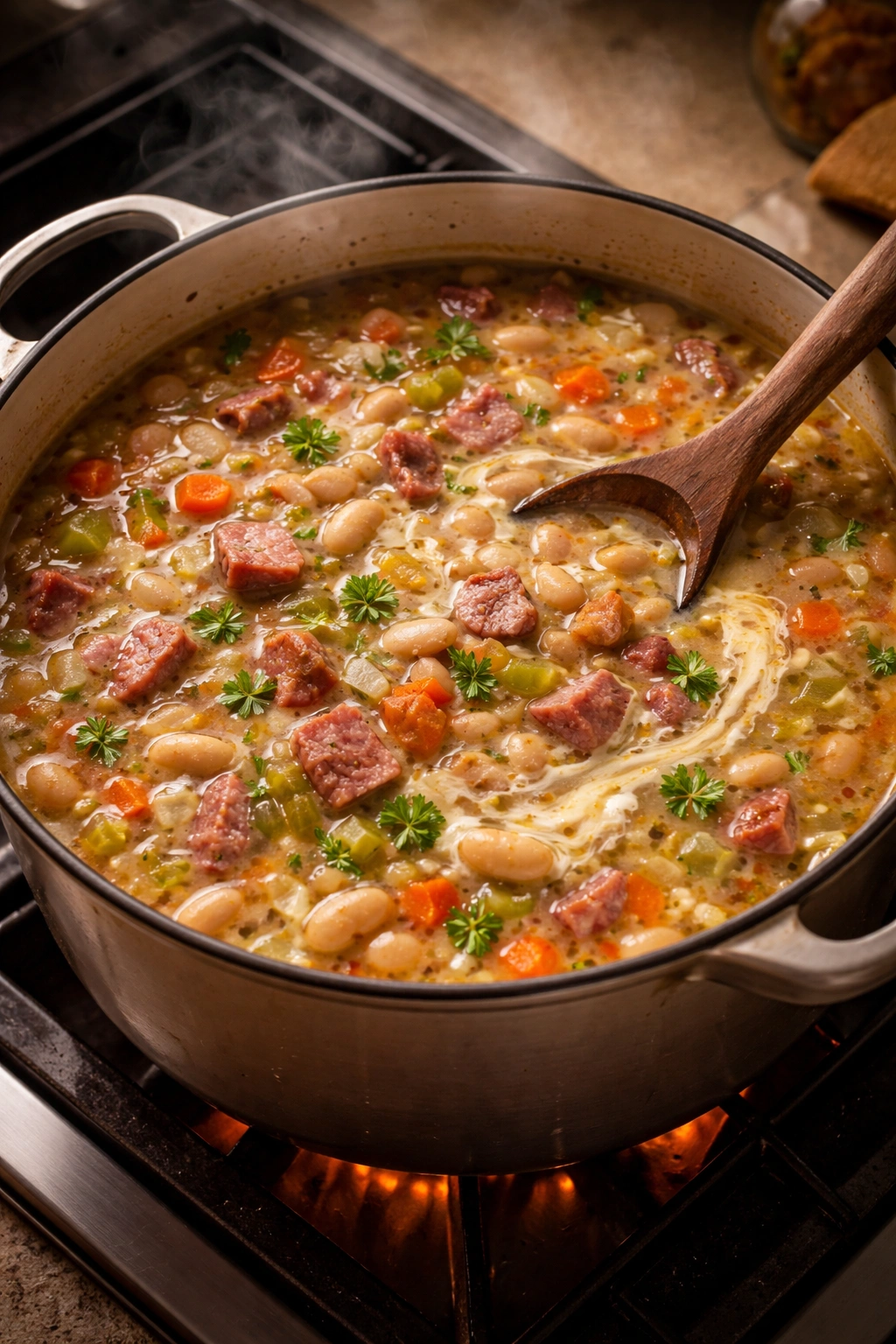 Pot of ham and bean soup showing creamy and chunky textures