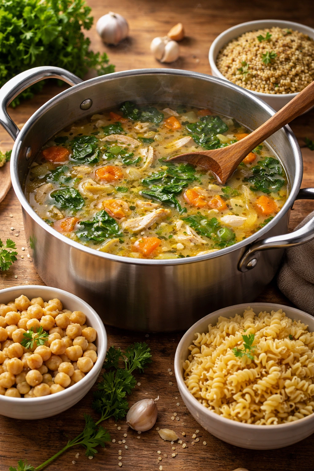 Ingredients for variations around a pot of soup: chickpeas, gluten-free pasta, and quinoa