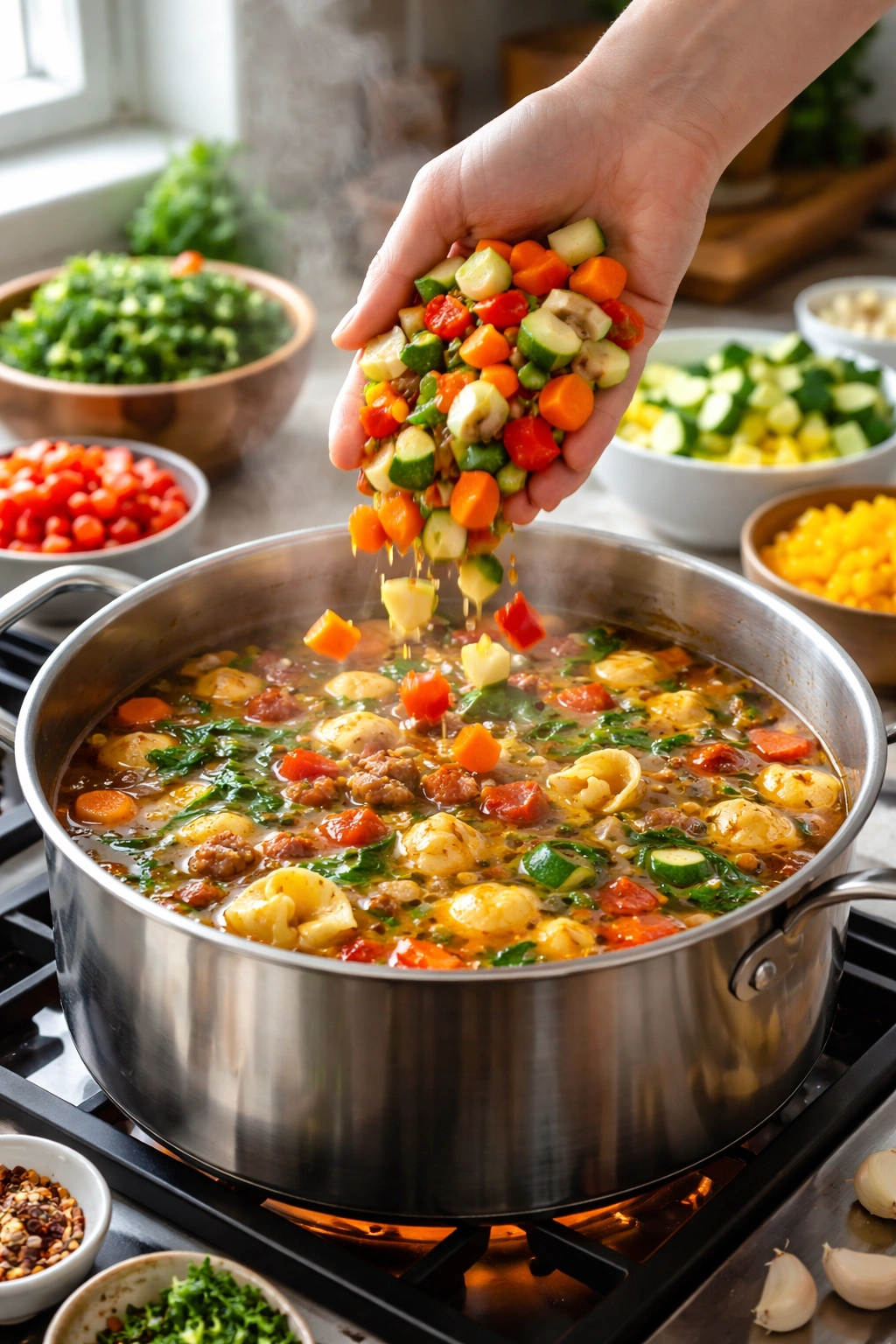 Hand adding diced vegetables to a simmering pot to illustrate variations