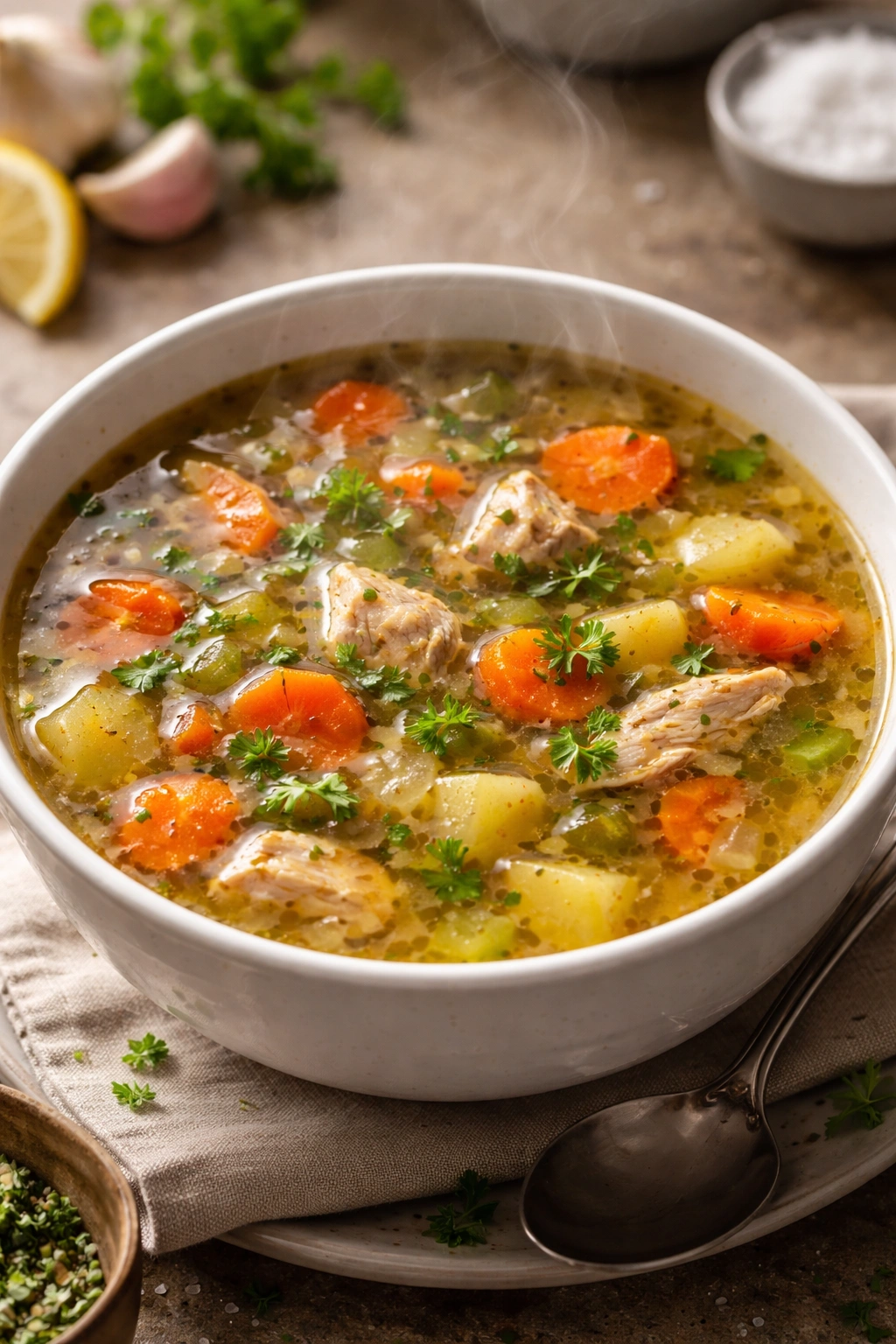 Close-up of steaming soup bowl with clear broth and herbs.