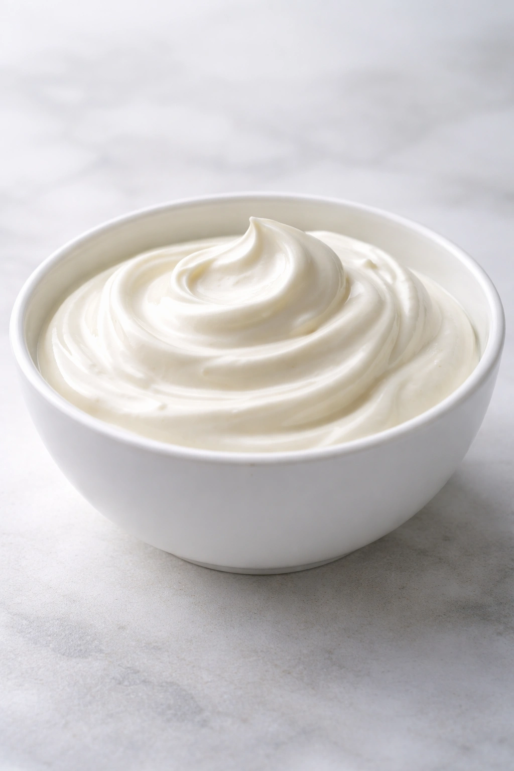 Smooth sour cream in a white bowl with soft studio lighting