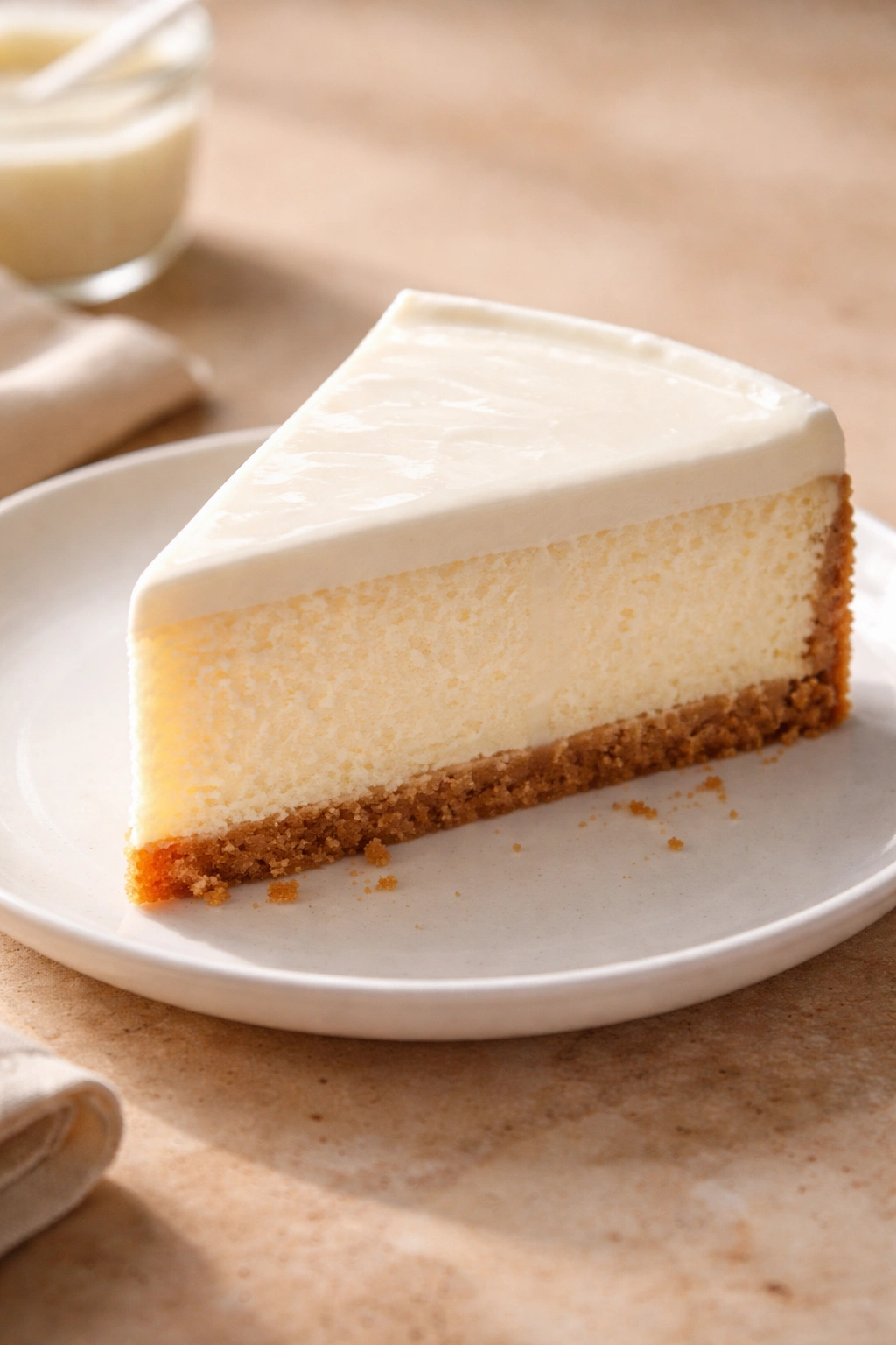 Tangy sour cream cheesecake with top layer on graham crust
