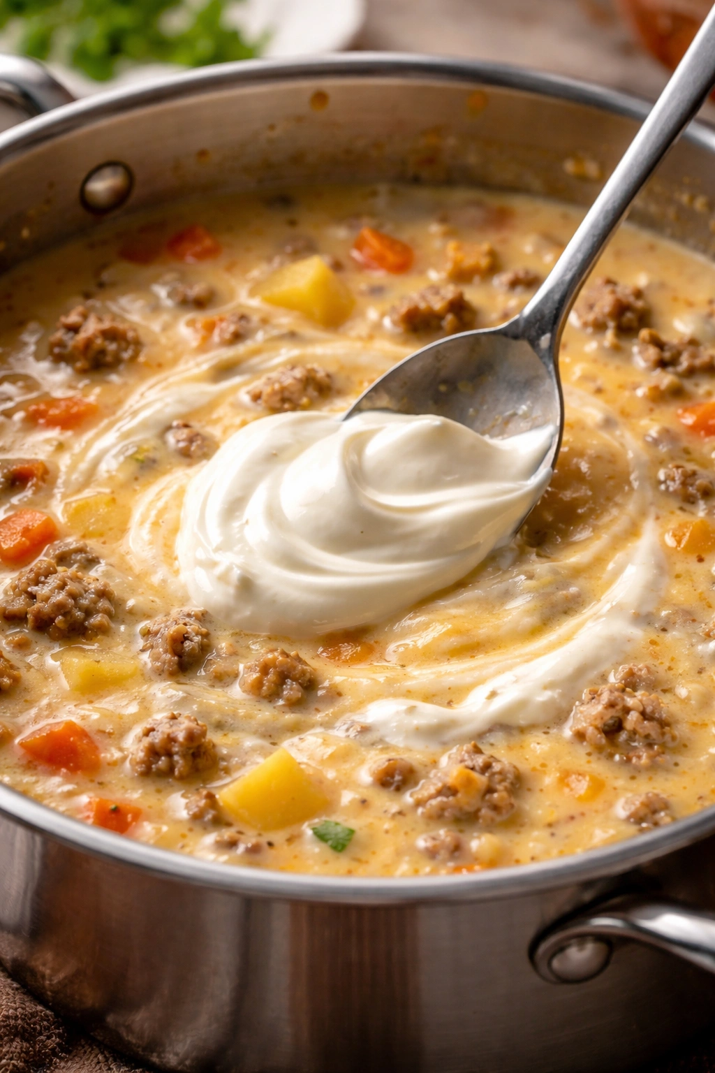 Creamy soup off heat with sour cream being folded in