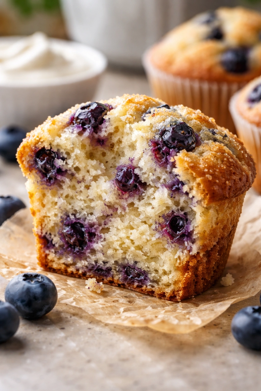 Velvety muffin crumb suggesting sour cream tenderness
