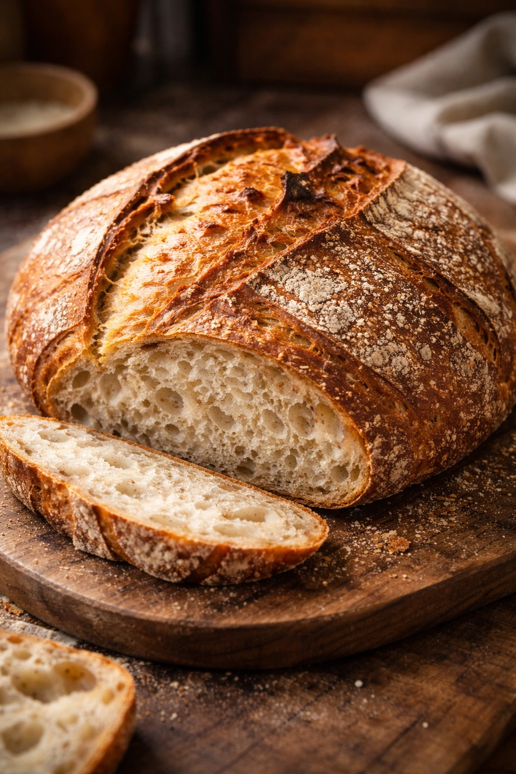 Rustic sourdough loaf with scoring on a wooden board
