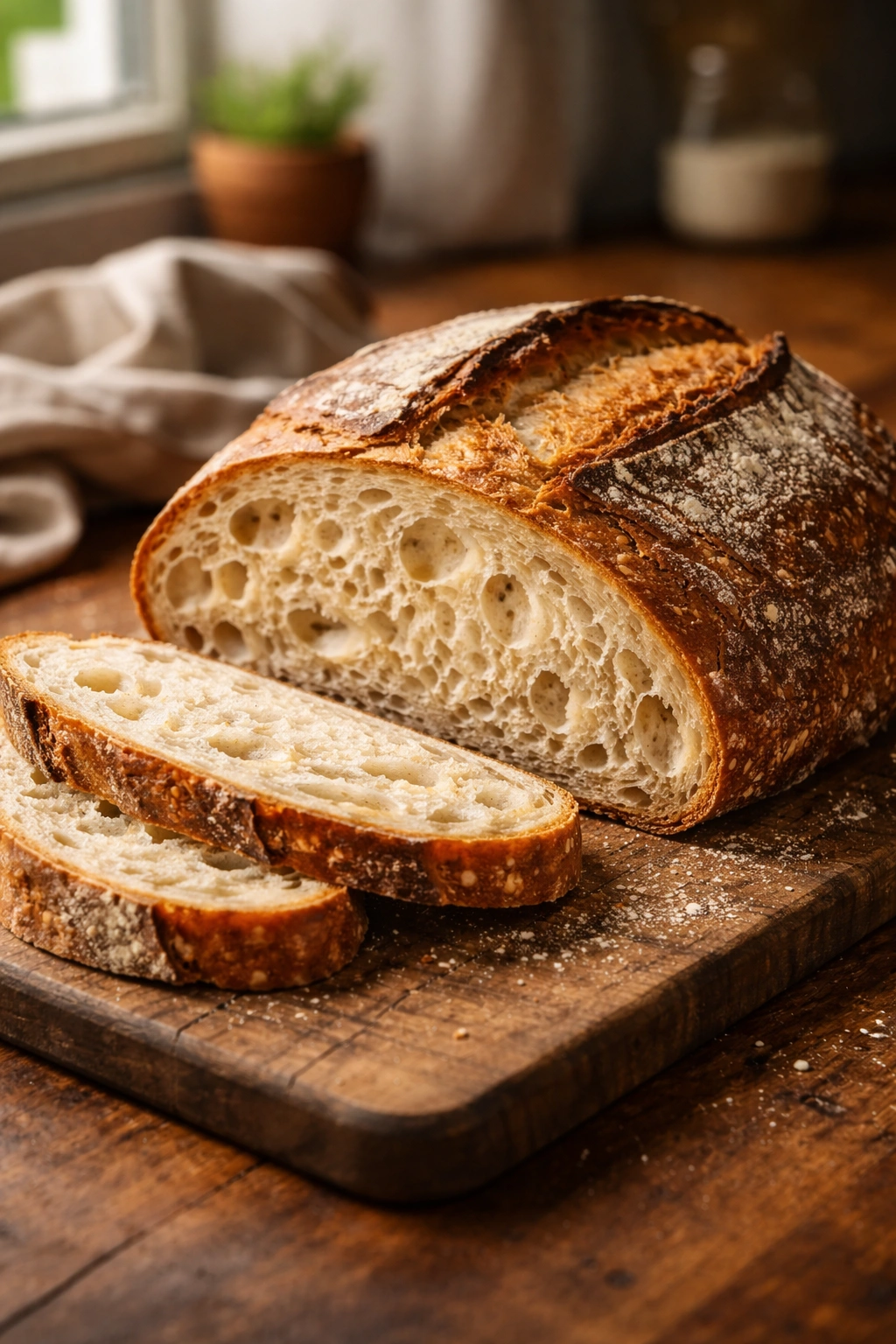 Close-up of rustic sourdough loaf with crackled crust and open crumb on wooden board