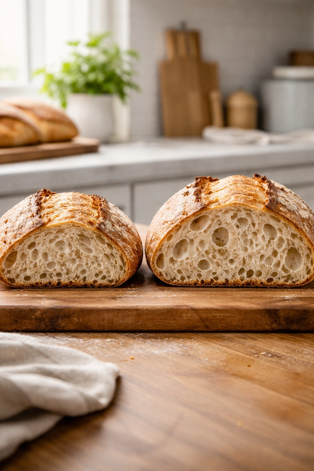 Two sourdough loaves showing progression in crumb openness on wooden board