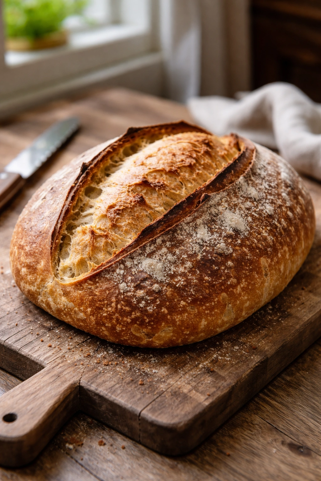 Crusty rustic sourdough loaf on wooden board