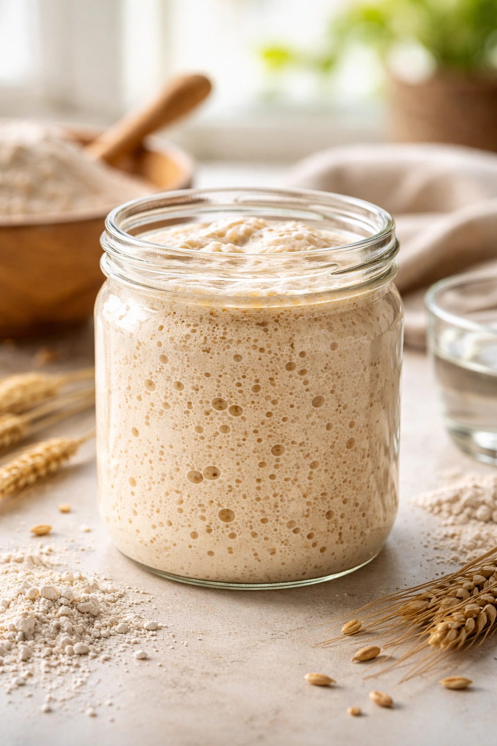 Bubbly sourdough starter in glass jar on counter