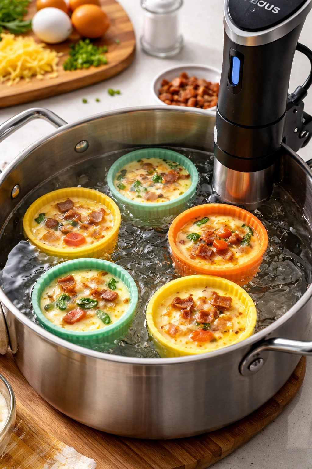 Silicone muffin cups in sous vide bath with egg batter
