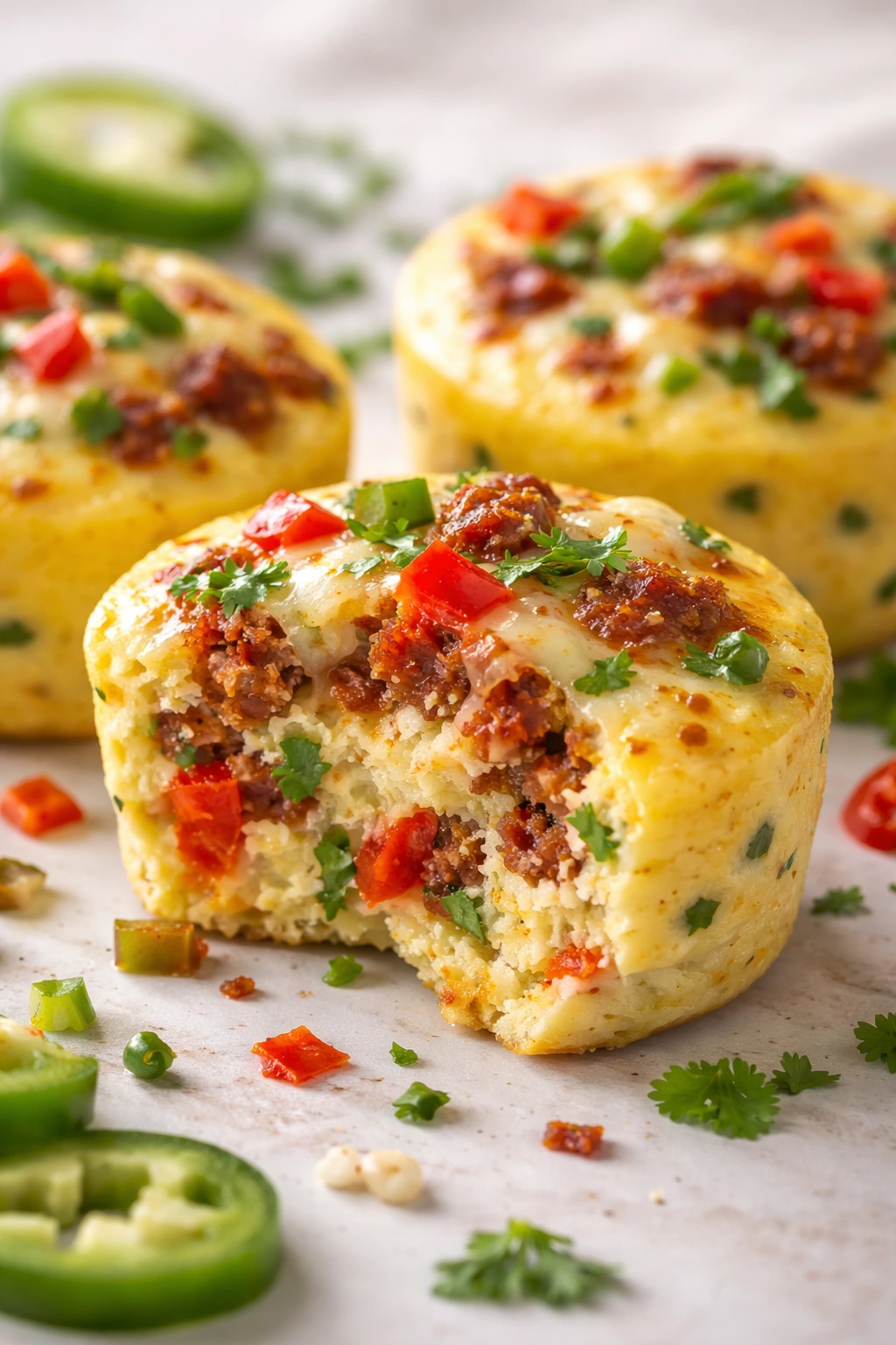 Egg bite with chorizo and peppers on neutral background