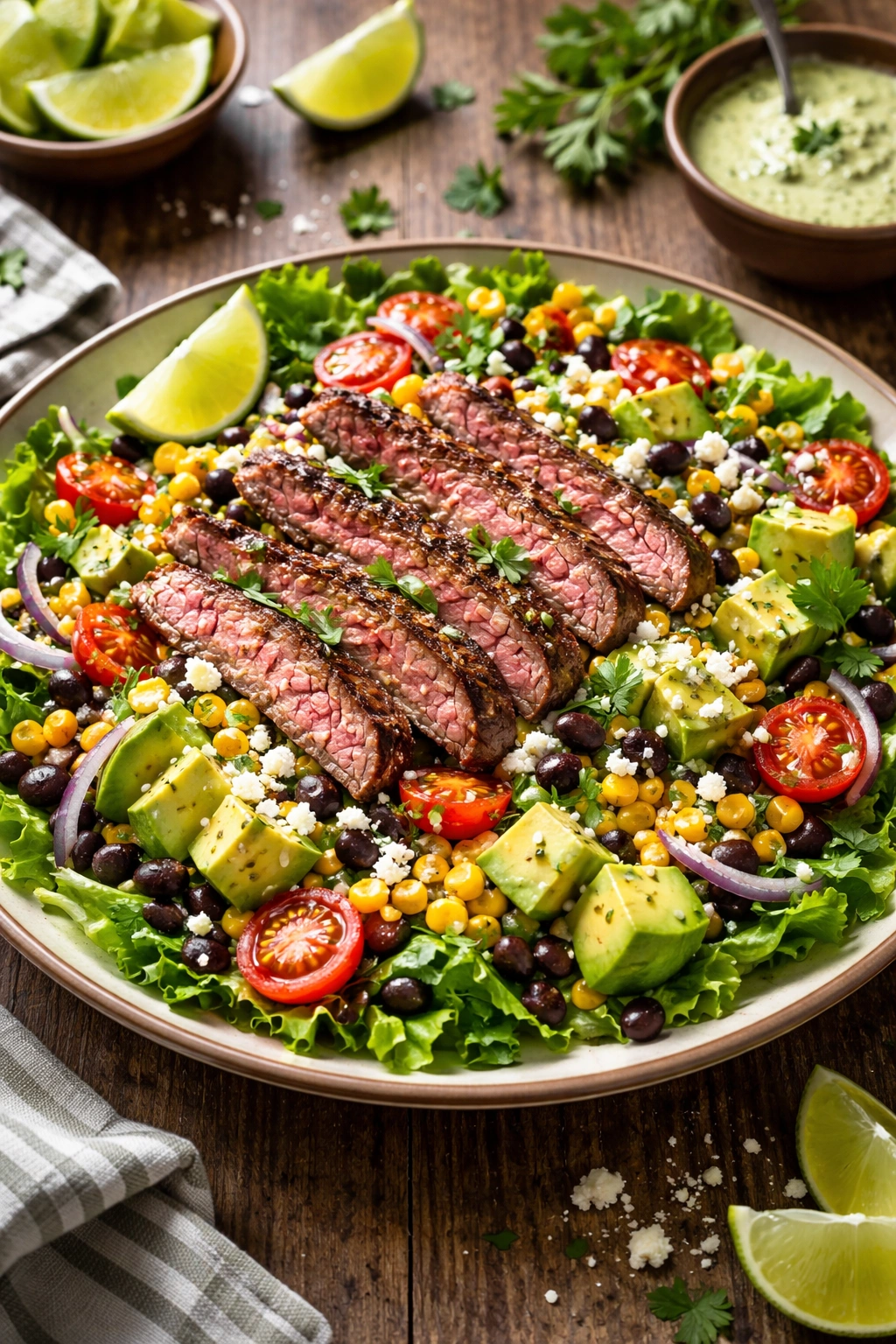 Southwestern steak salad with corn, beans, avocado and cotija