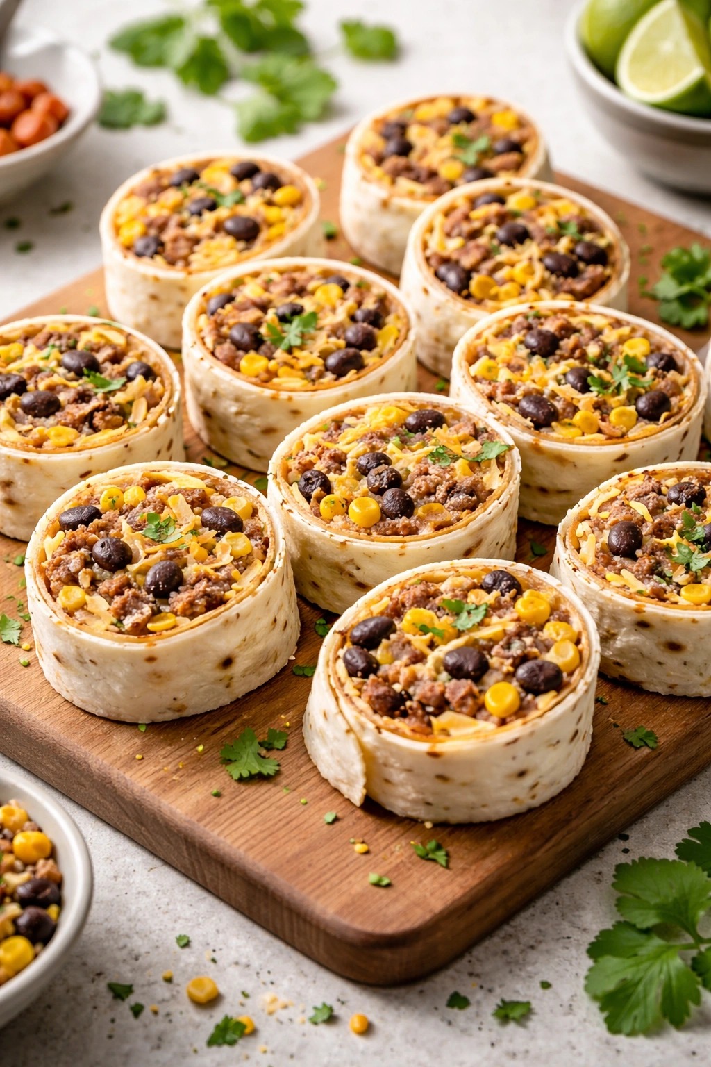 Cross-section of Southwest turkey and black bean pinwheels showing filling