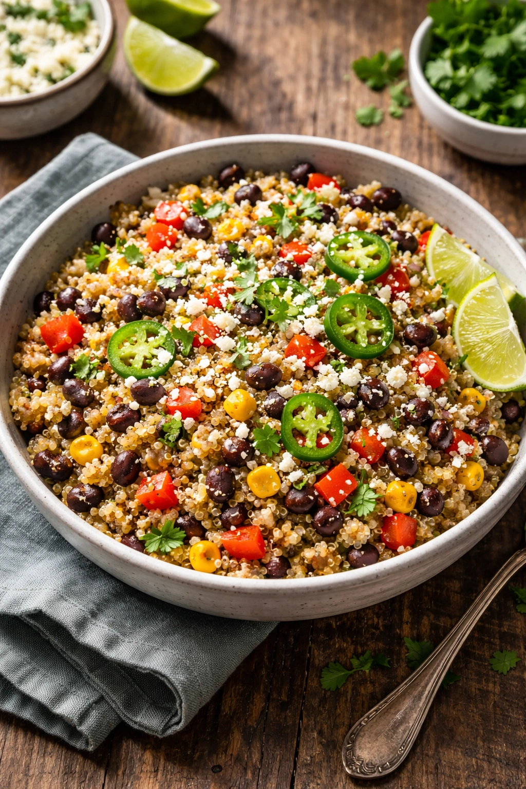 Close-up of Southwestern quinoa bowl with black beans, corn, red pepper, red onion, and cotija.