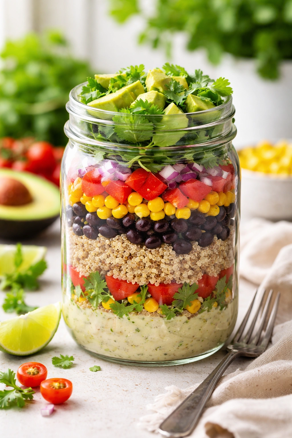 Southwestern Quinoa Mason Jar Salad in a glass jar showing quinoa, beans, corn, peppers, onion, greens, avocado