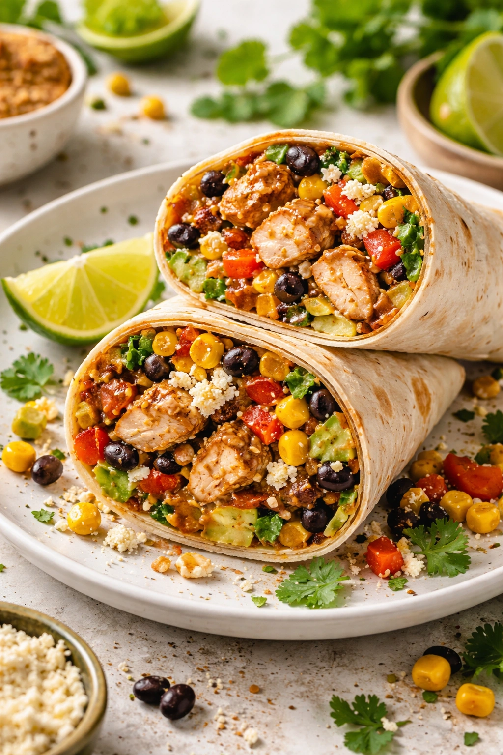 Cross-section of Southwestern chicken wrap with beans, corn, peppers, and cotija