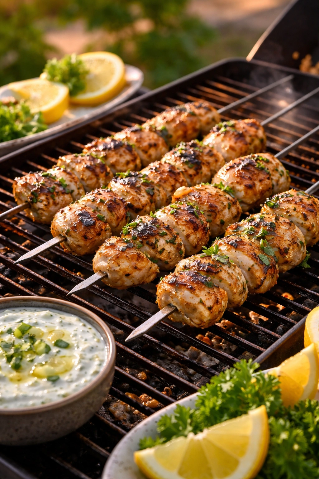 Marinated chicken souvlaki skewers on a grill with light charring