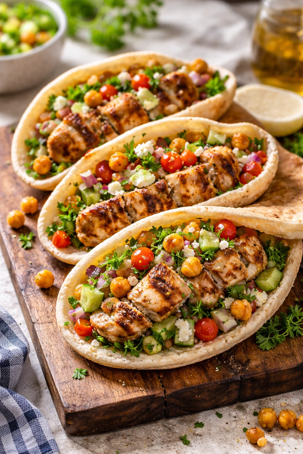 Close-up of grilled chicken souvlaki with crispy chickpea salad and pita on a wooden board