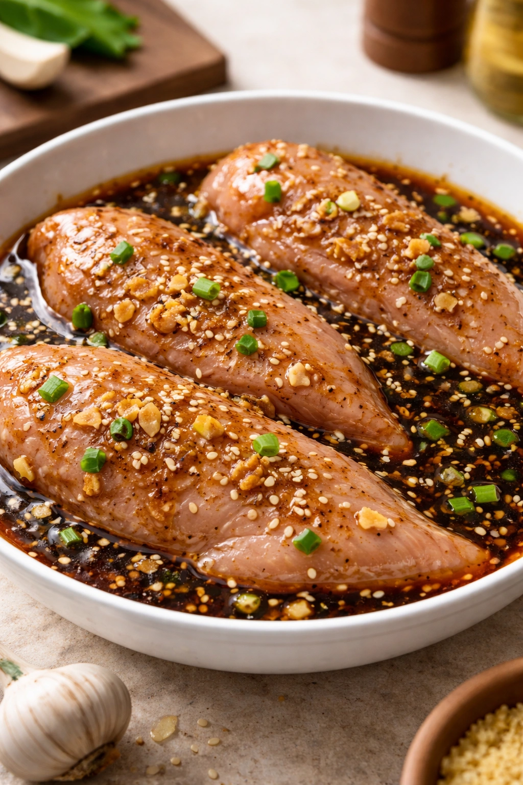 Close-up of chicken in soy ginger marinade