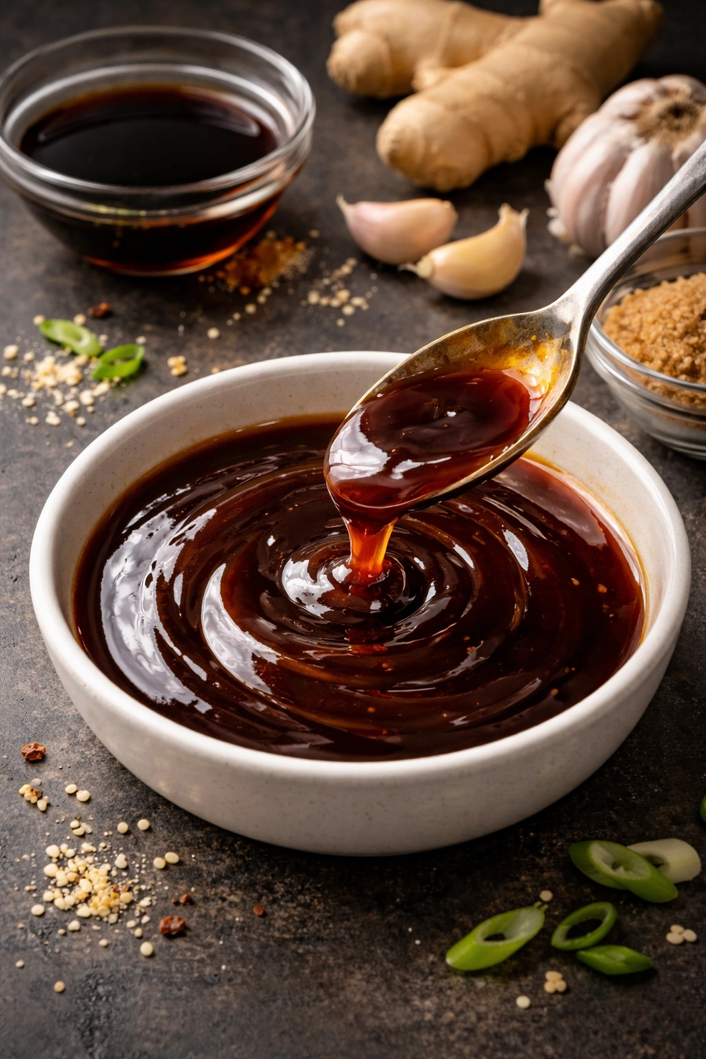 Glossy soy glaze with caramel color in a shallow bowl.