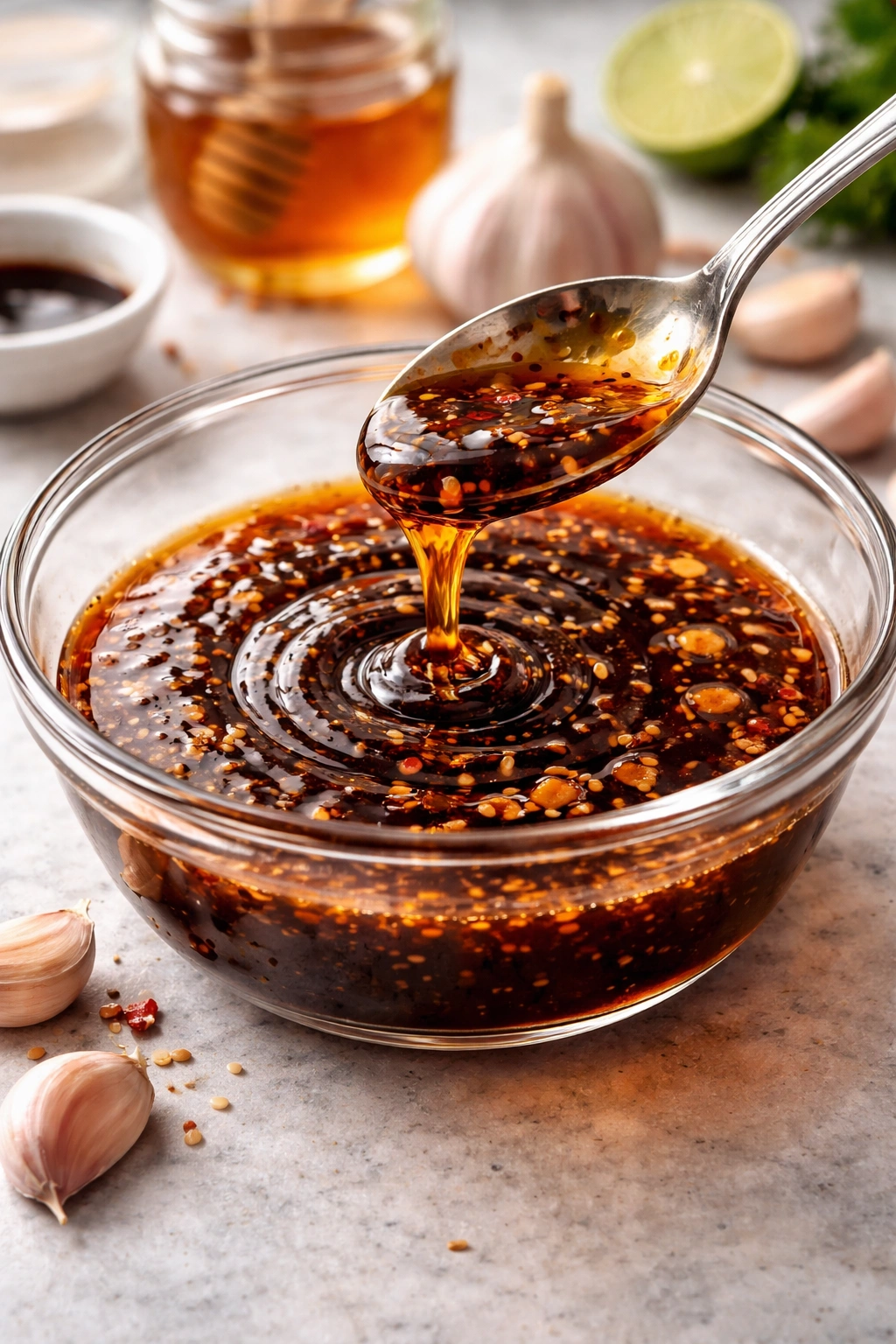 Glossy honey-soy marinade in a glass bowl