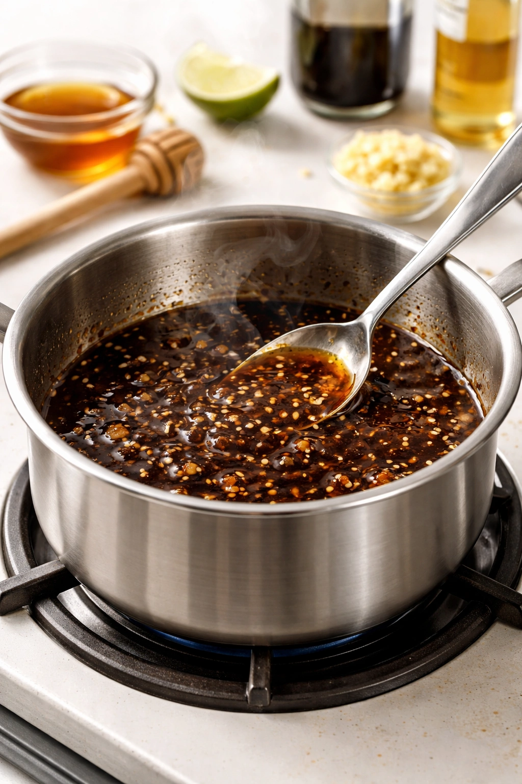Glossy sauce simmering in a small saucepan