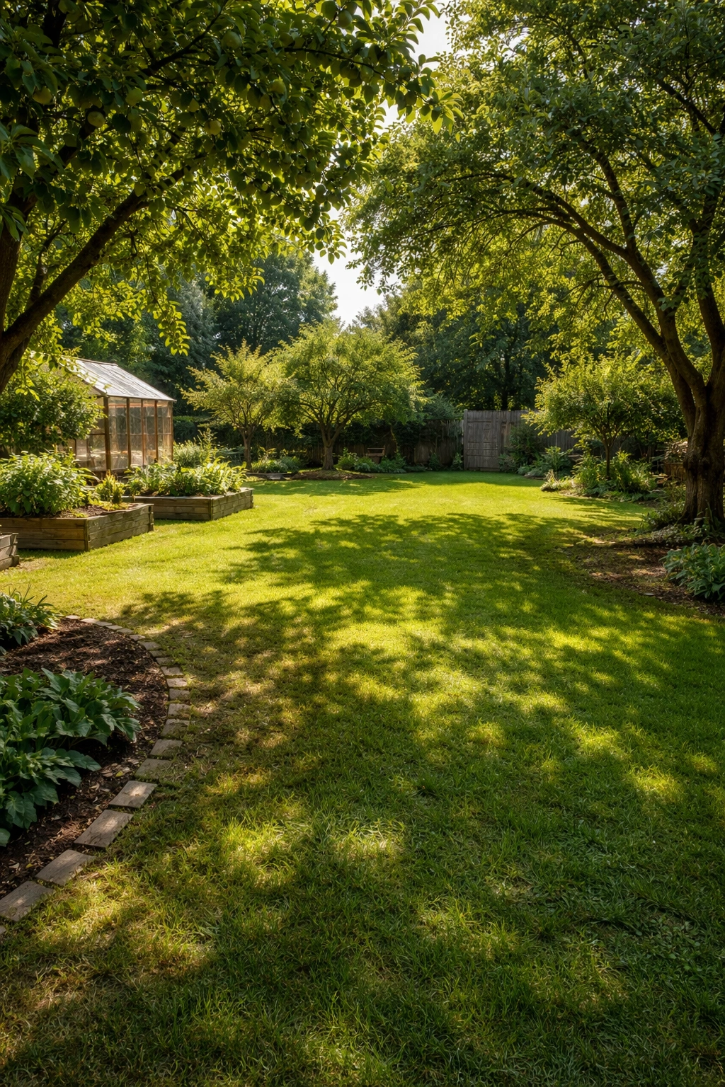 Backyard with sun and shade areas illustrating space assessment for fruit trees
