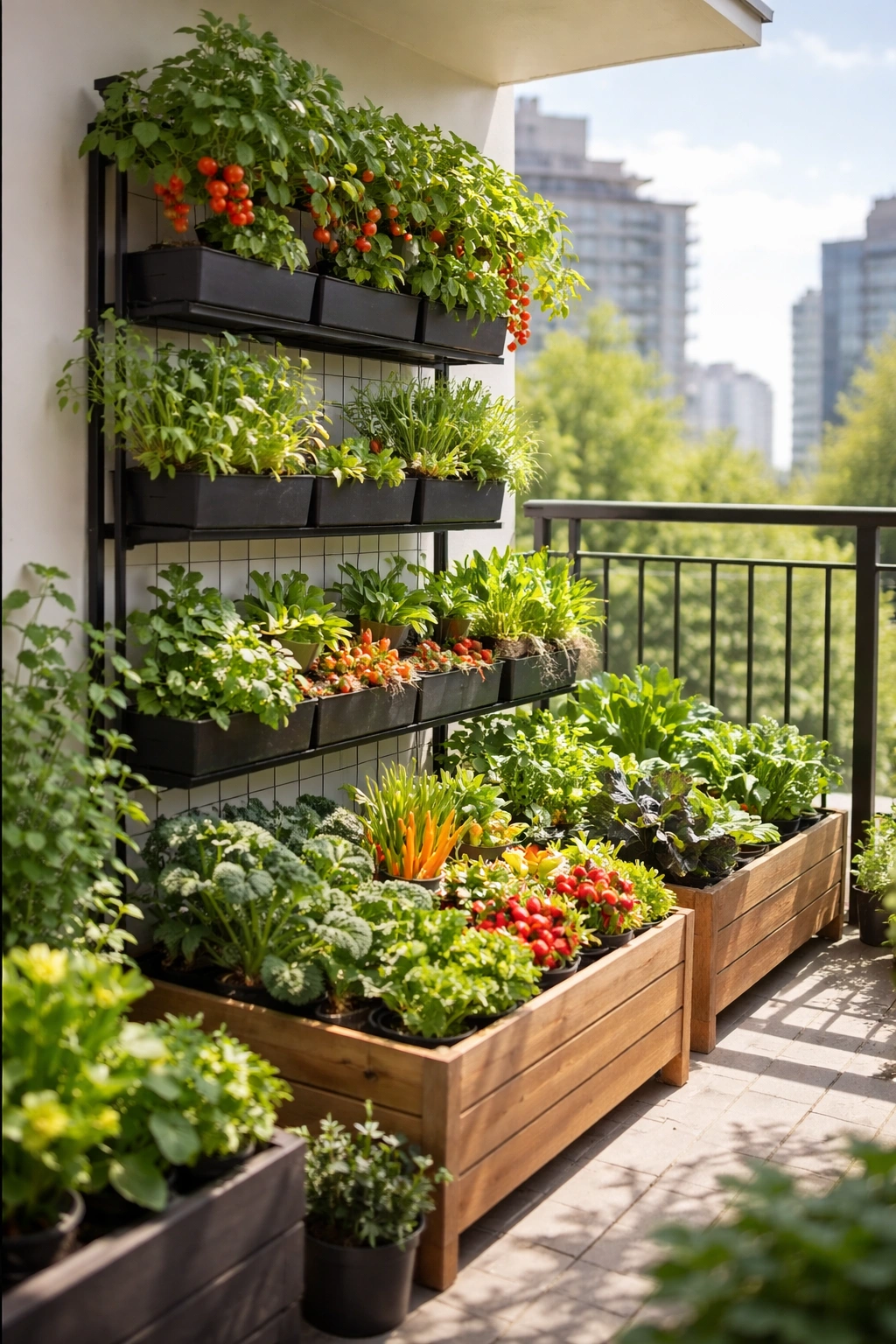 Balcony vertical garden with multi-tier planters on a sunny balcony