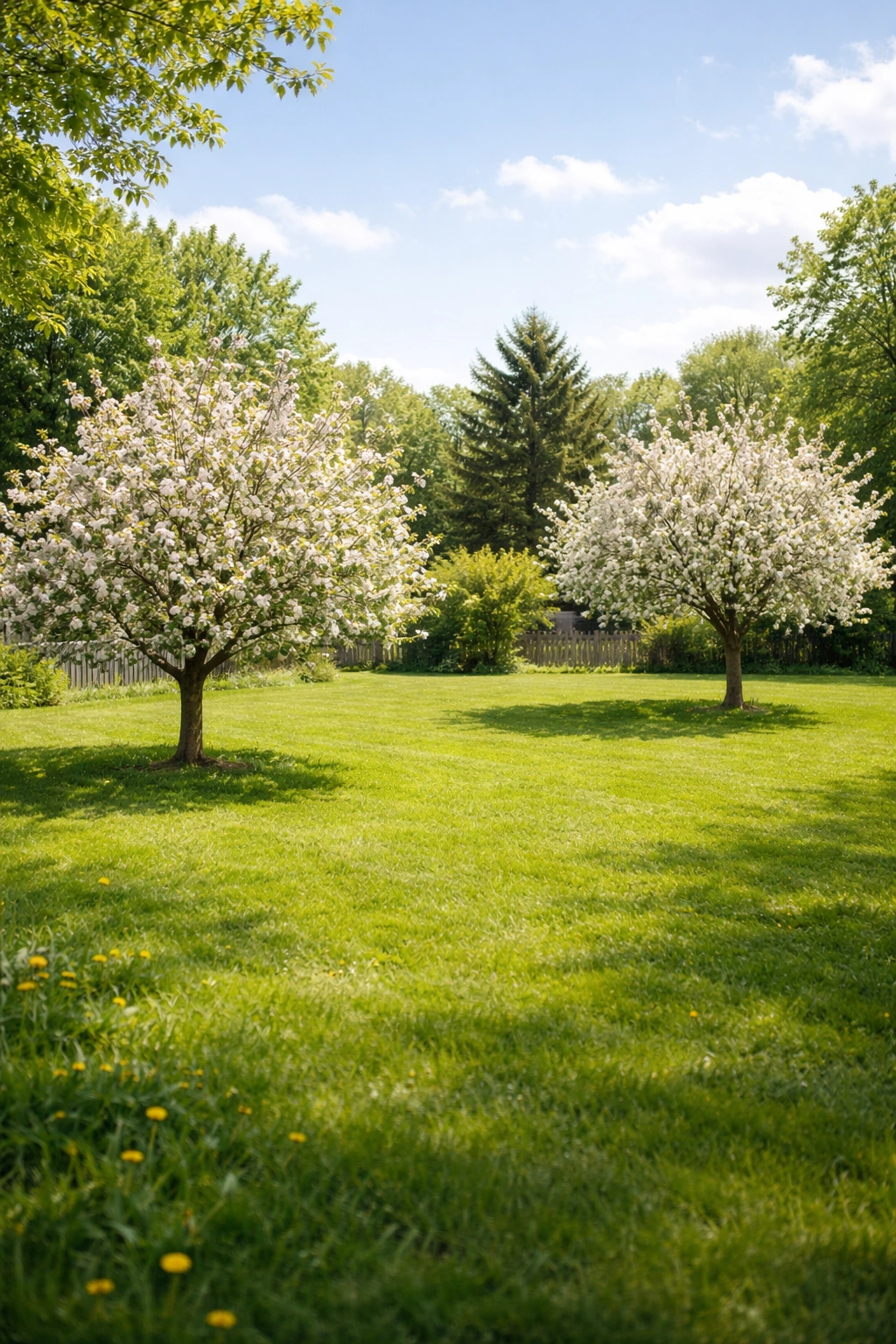 Two blooming apple trees with clear space between them in a sunny yard