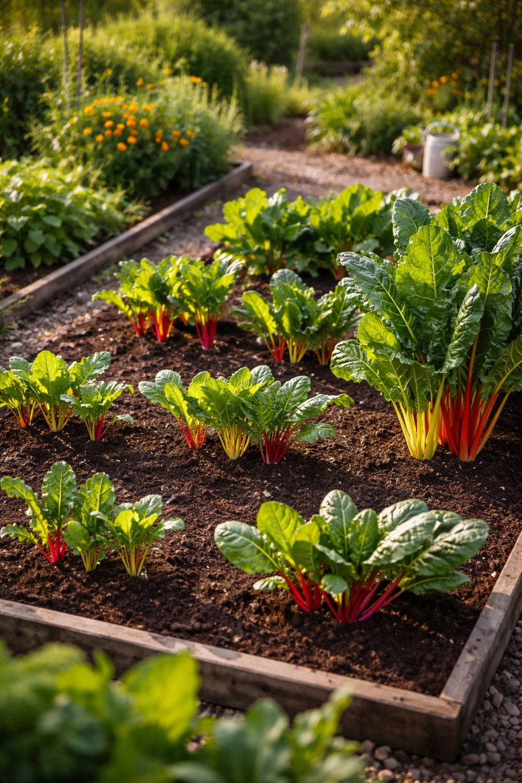 Garden bed showing Swiss chard plants of varying sizes