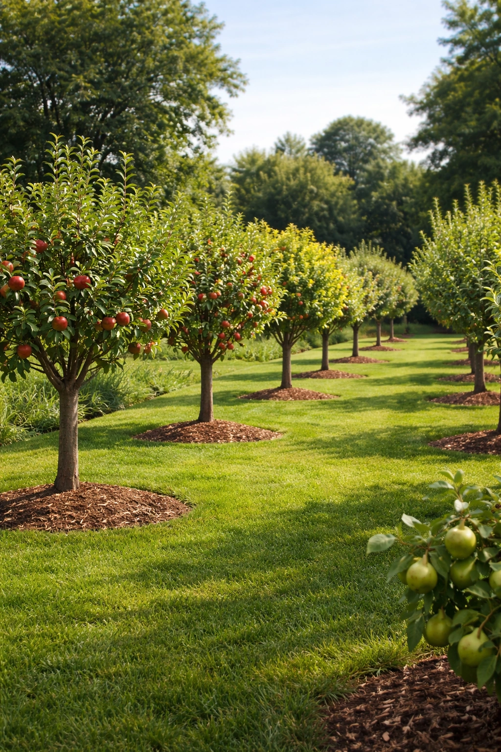 Row of fruit trees with trunk-to-trunk spacing in a spacious garden