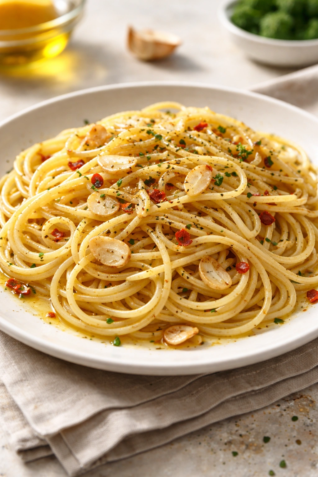 Spaghetti aglio e olio with garlic in olive oil