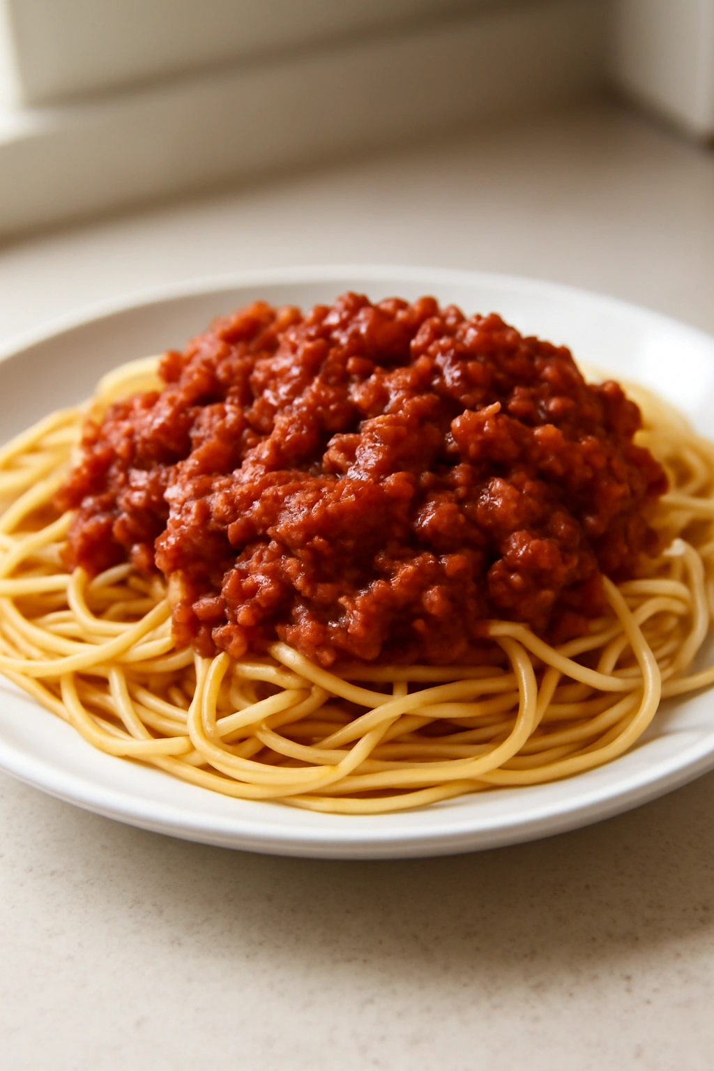 Plate of spaghetti with meat sauce made from scratch in a home kitchen.