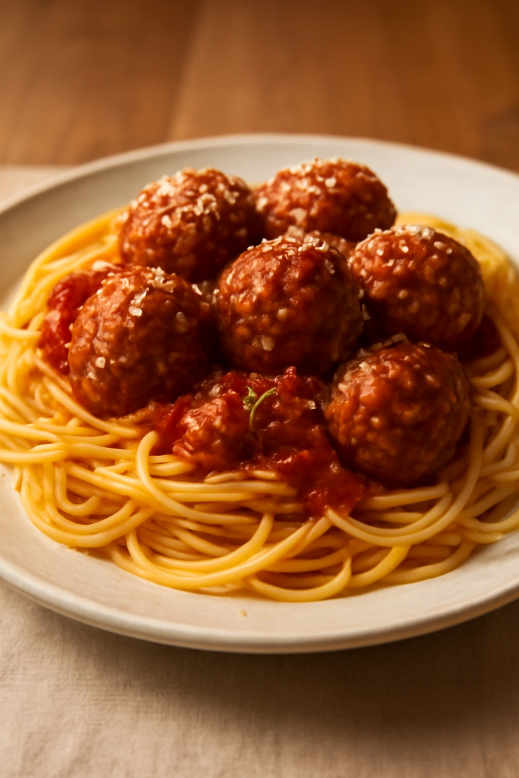 Plate of spaghetti and meatballs with tomato sauce