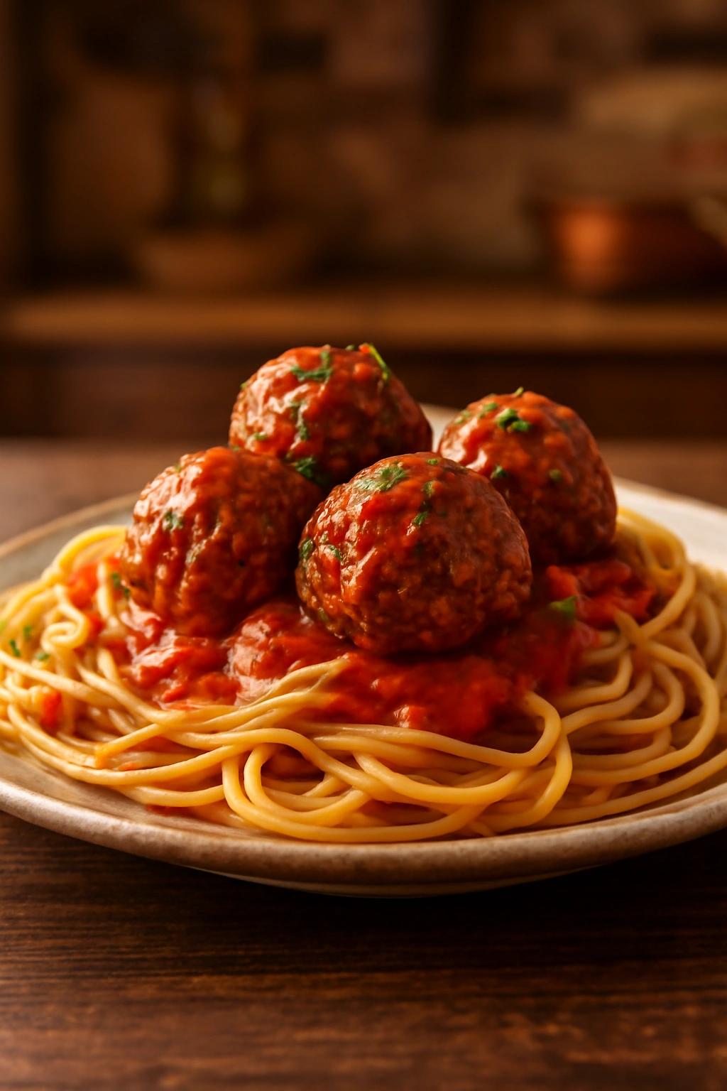 Plate of spaghetti and meatballs on rustic table