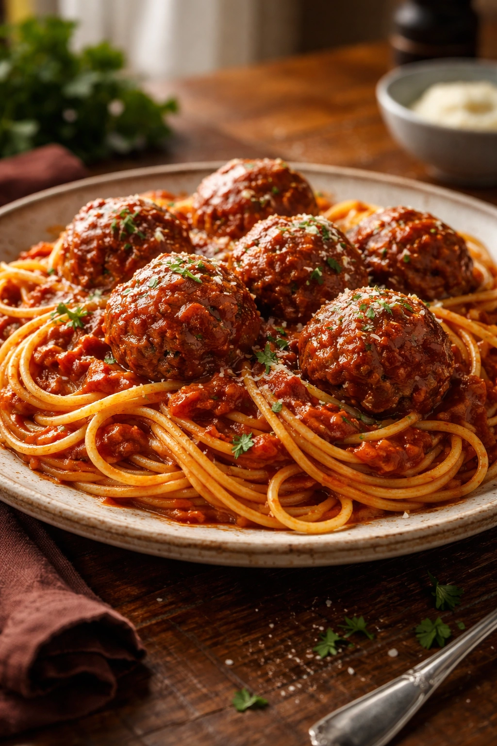 Spaghetti and meatballs on a plate with homemade marinara