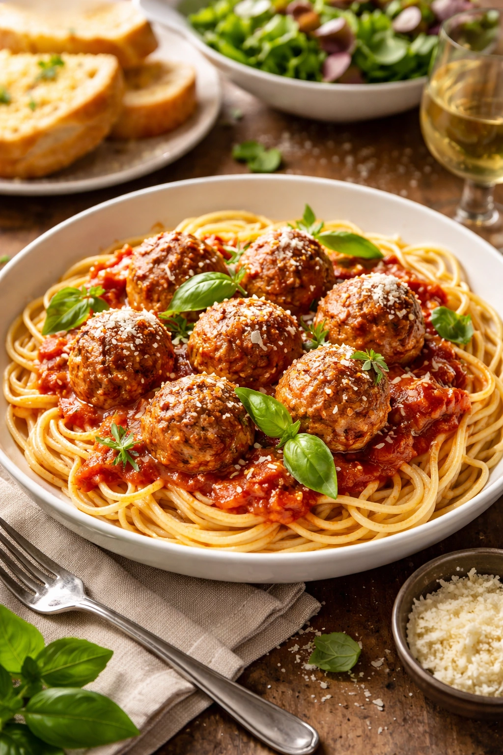 Plate of spaghetti with turkey meatballs in marinara and basil