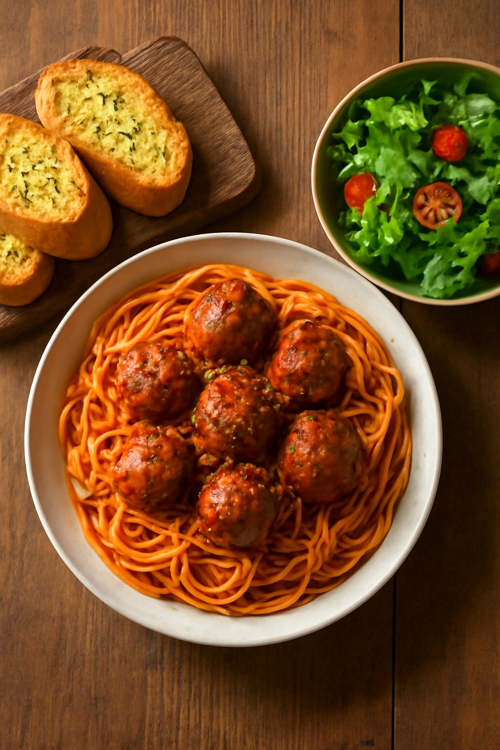 Plate of spaghetti and meatballs with garlic bread and salad, styled for serving suggestions