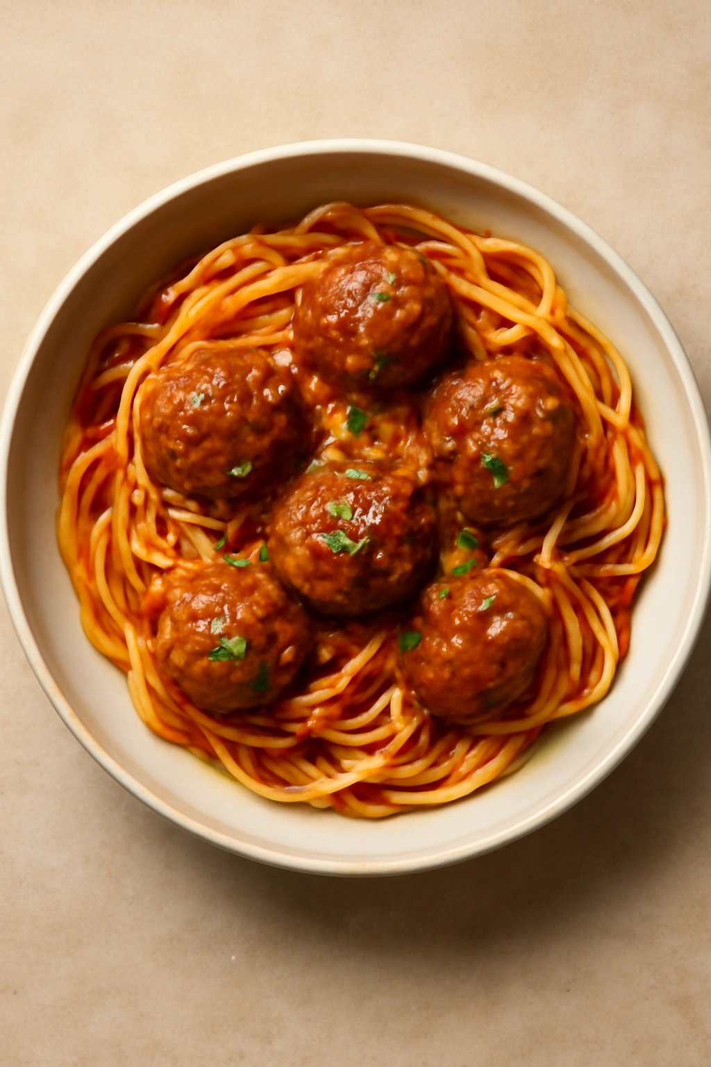 Served spaghetti with meatballs on plate