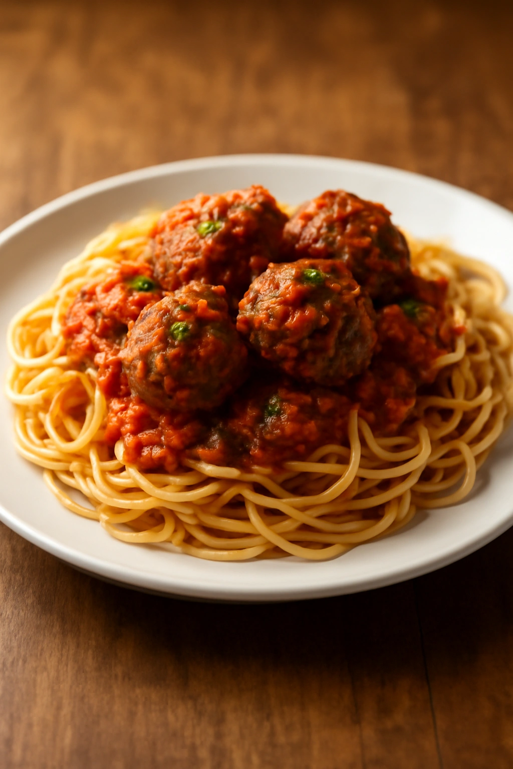 Steaming plate of spaghetti and meatballs in tomato sauce