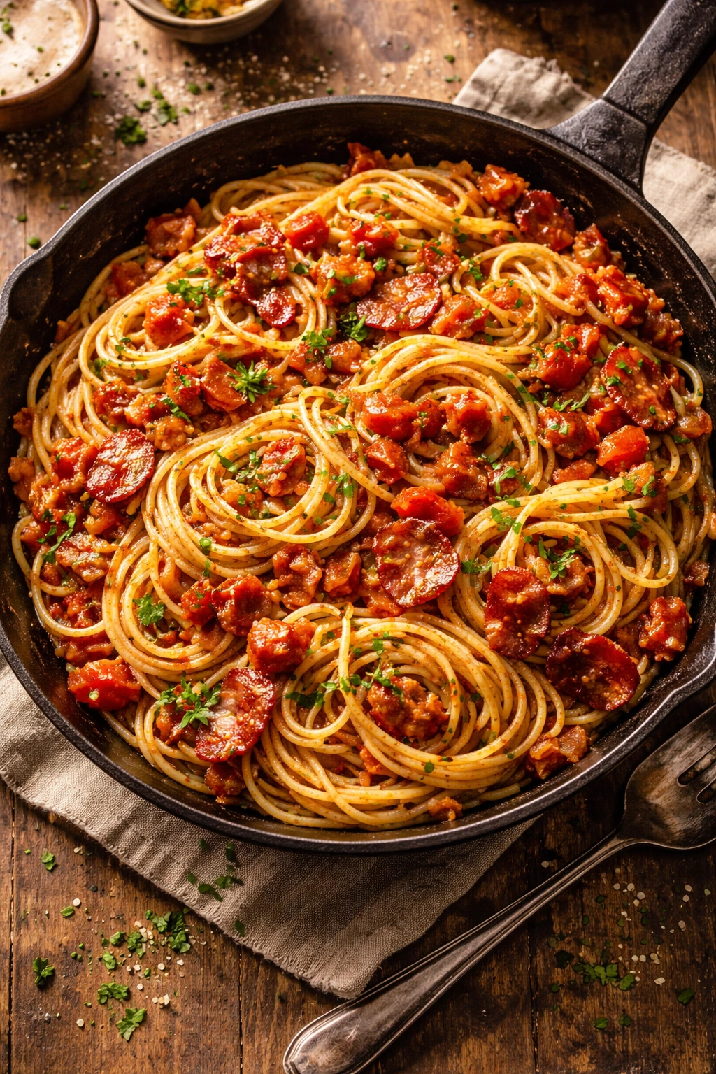 Skillet with bacon, onions, tomatoes and noodles in Spanish-inspired pasta