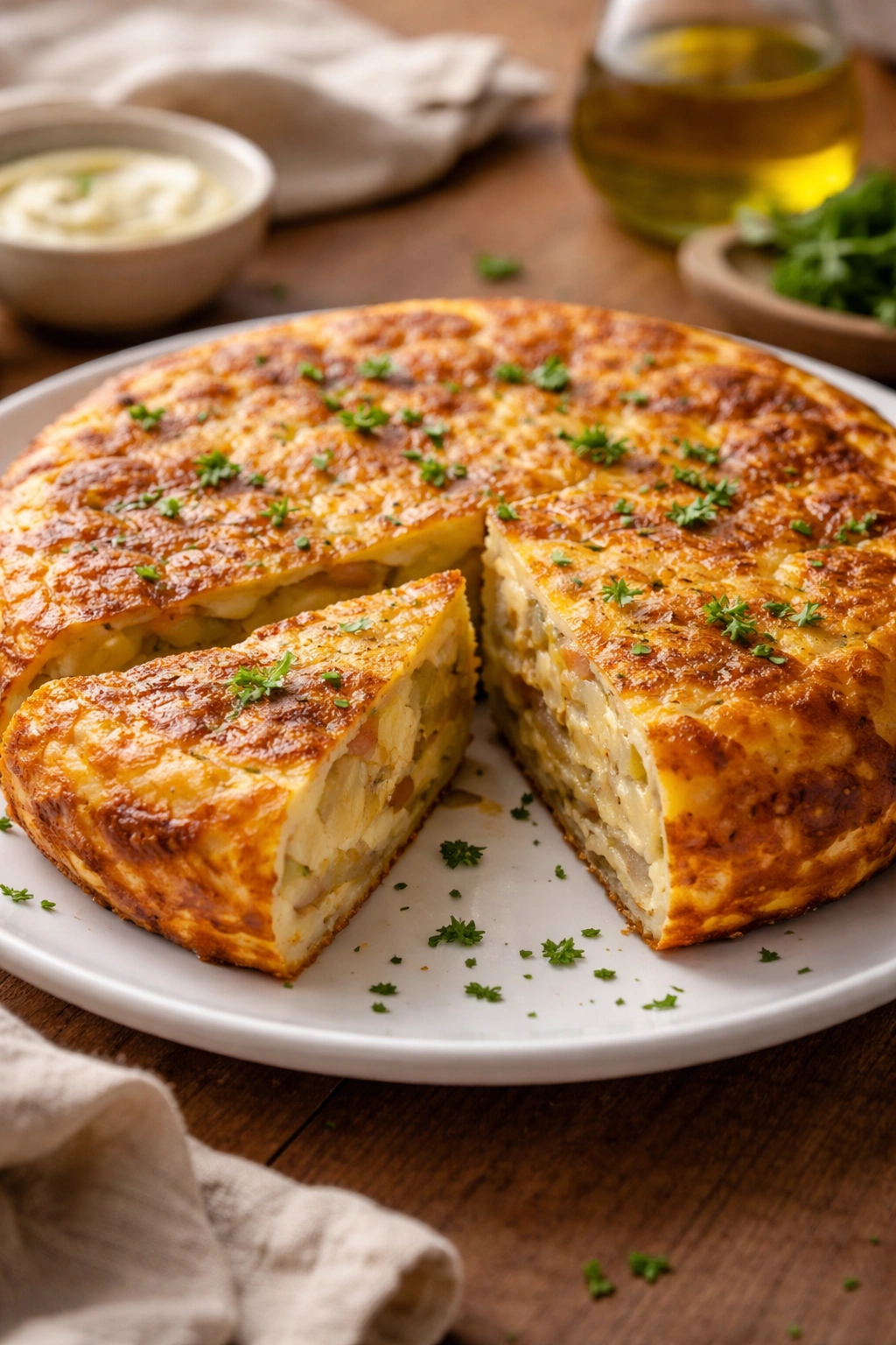 Sliced tortilla española on a plate showing potato layers