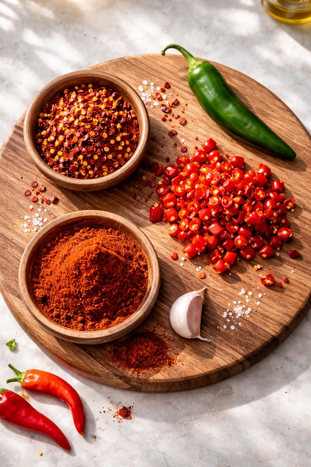 Red chili flakes, serrano pepper, and smoked paprika on a wooden board