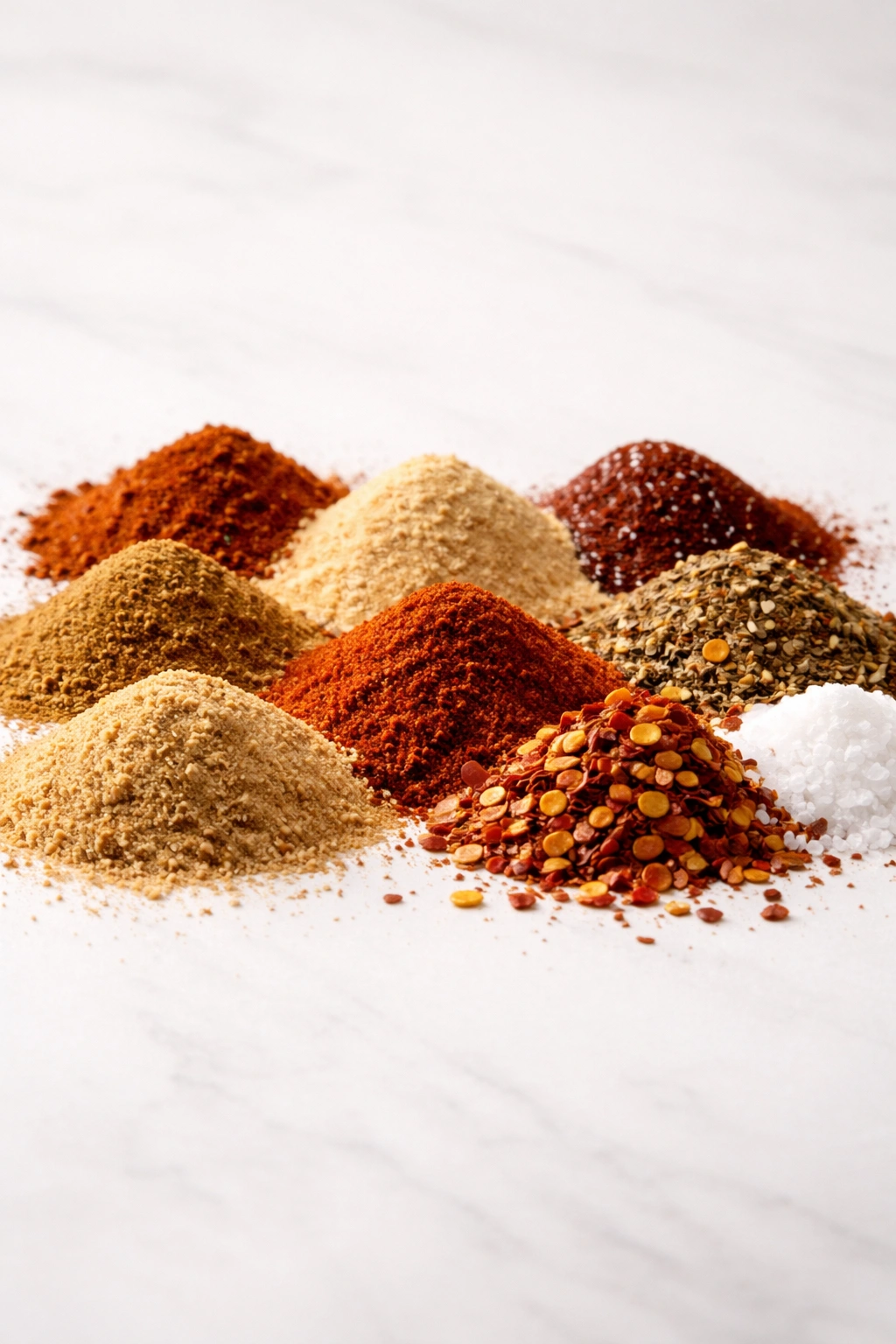 Close-up of small piles of ground spices arranged in a line