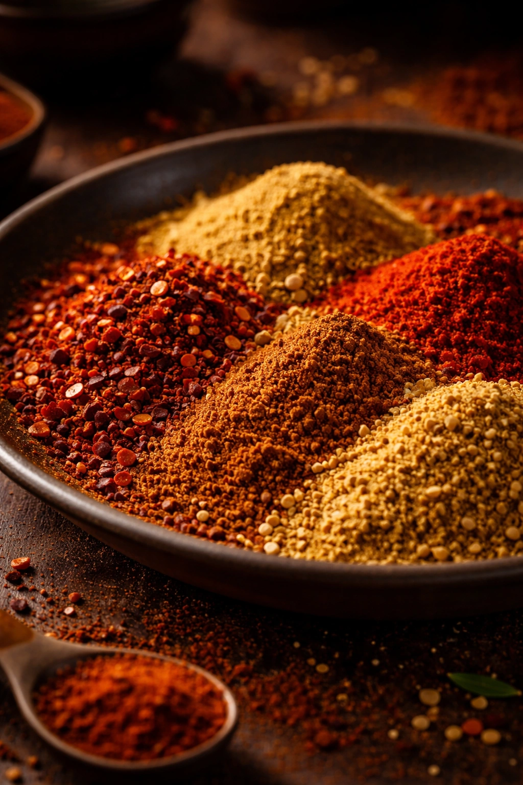 Close-up of a spice blend with chili powder, cumin, paprika, and coriander